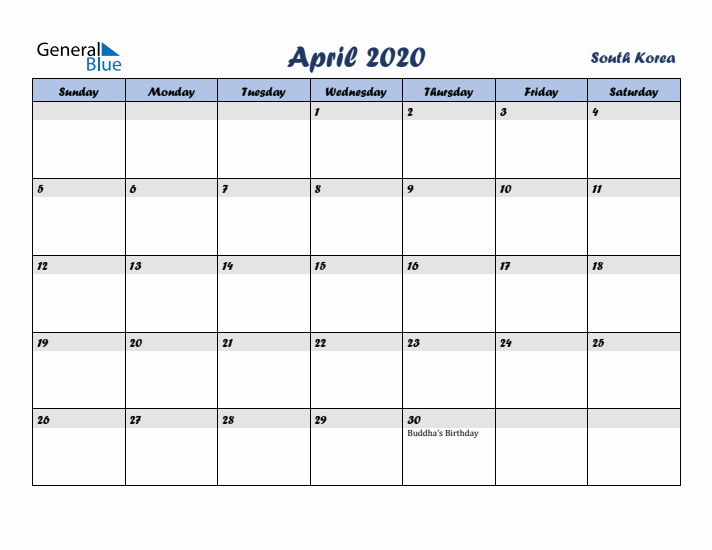 April 2020 Calendar with Holidays in South Korea