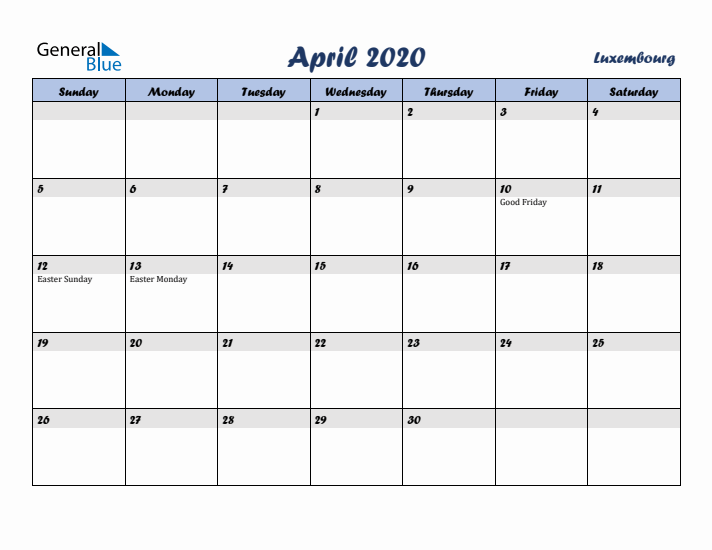 April 2020 Calendar with Holidays in Luxembourg