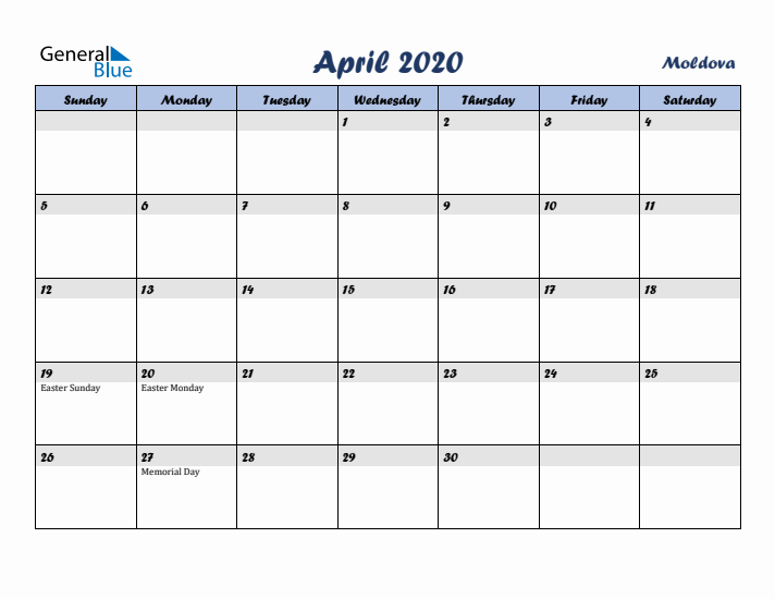 April 2020 Calendar with Holidays in Moldova
