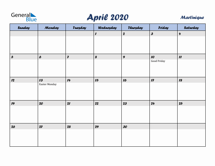 April 2020 Calendar with Holidays in Martinique