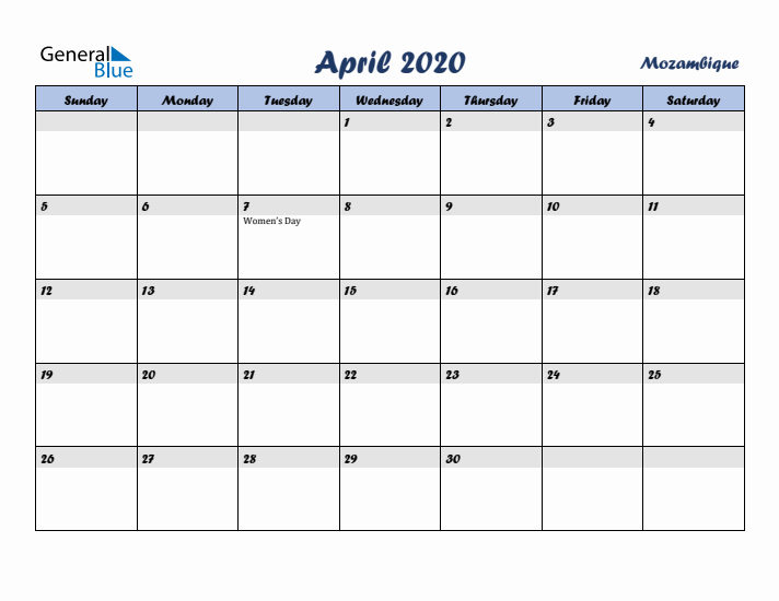 April 2020 Calendar with Holidays in Mozambique