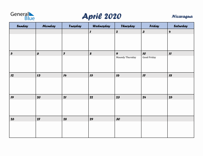 April 2020 Calendar with Holidays in Nicaragua