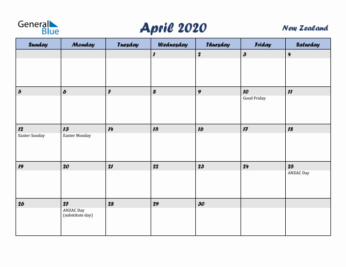 April 2020 Calendar with Holidays in New Zealand