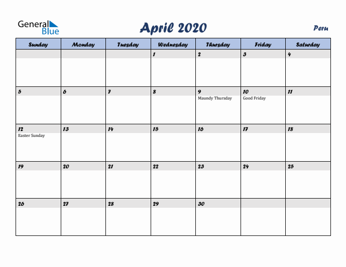 April 2020 Calendar with Holidays in Peru