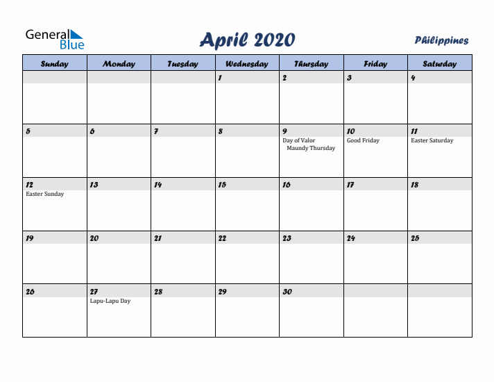 April 2020 Calendar with Holidays in Philippines