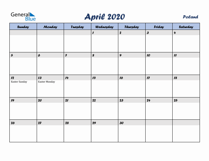 April 2020 Calendar with Holidays in Poland