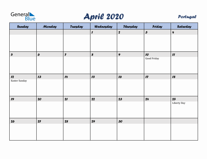April 2020 Calendar with Holidays in Portugal