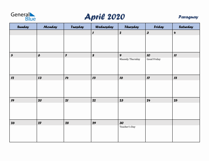 April 2020 Calendar with Holidays in Paraguay