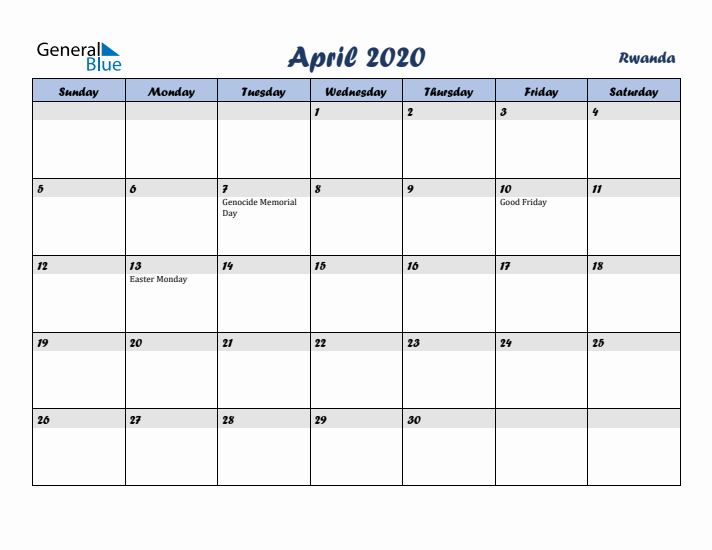 April 2020 Calendar with Holidays in Rwanda