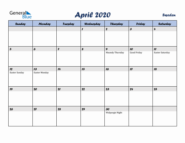 April 2020 Calendar with Holidays in Sweden