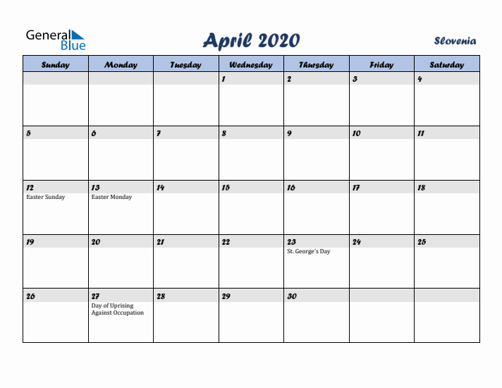 April 2020 Calendar with Holidays in Slovenia