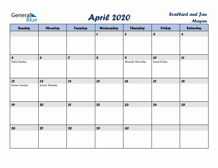 April 2020 Calendar with Holidays in Svalbard and Jan Mayen