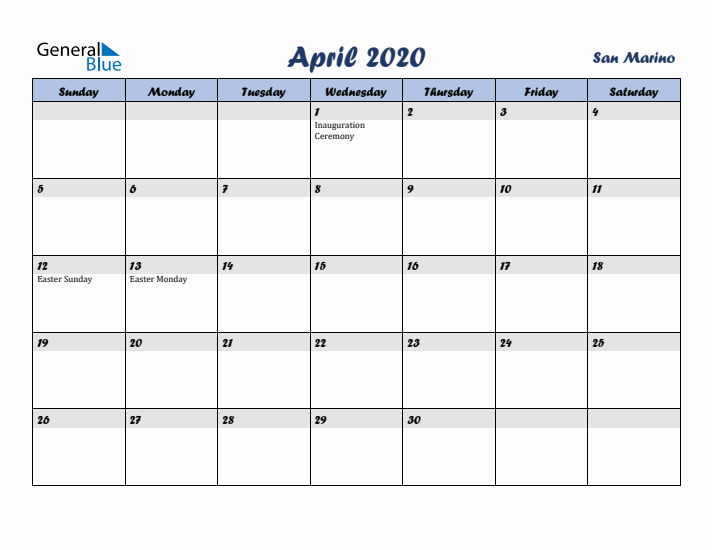 April 2020 Calendar with Holidays in San Marino