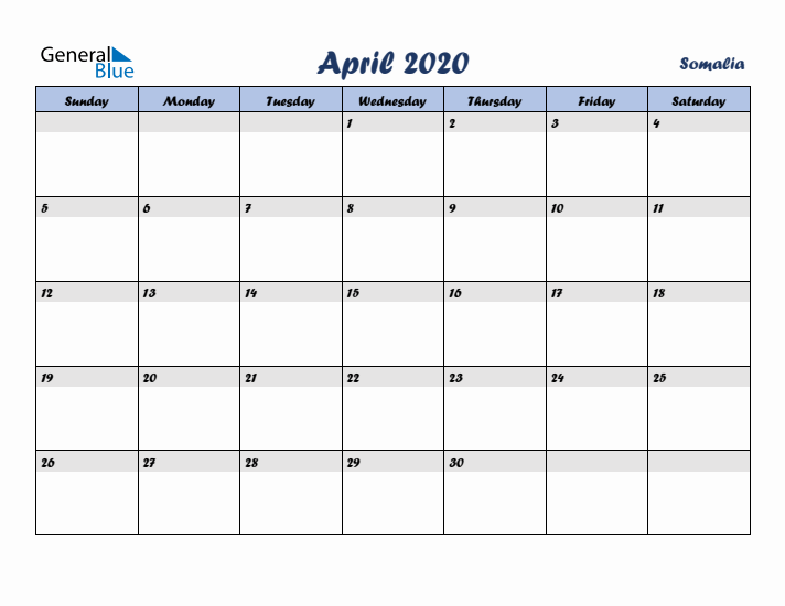 April 2020 Calendar with Holidays in Somalia