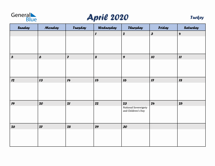 April 2020 Calendar with Holidays in Turkey