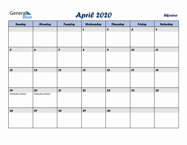 April 2020 Calendar with Holidays in Ukraine