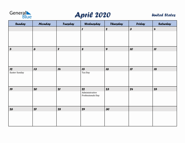 April 2020 Calendar with Holidays in United States