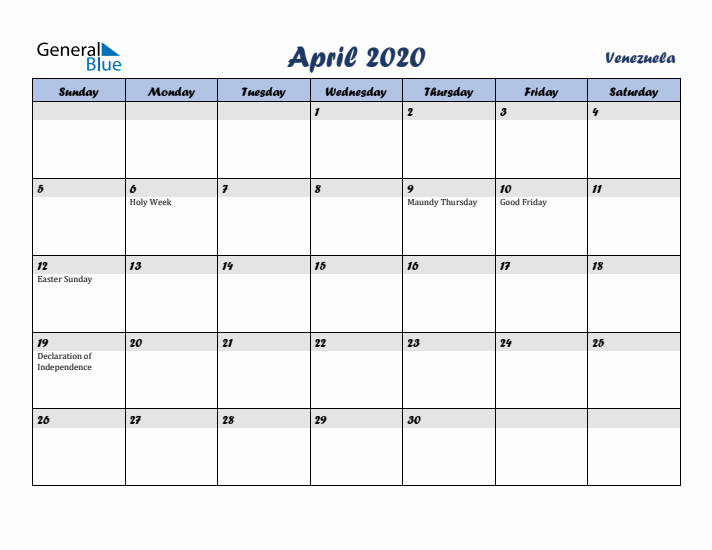 April 2020 Calendar with Holidays in Venezuela