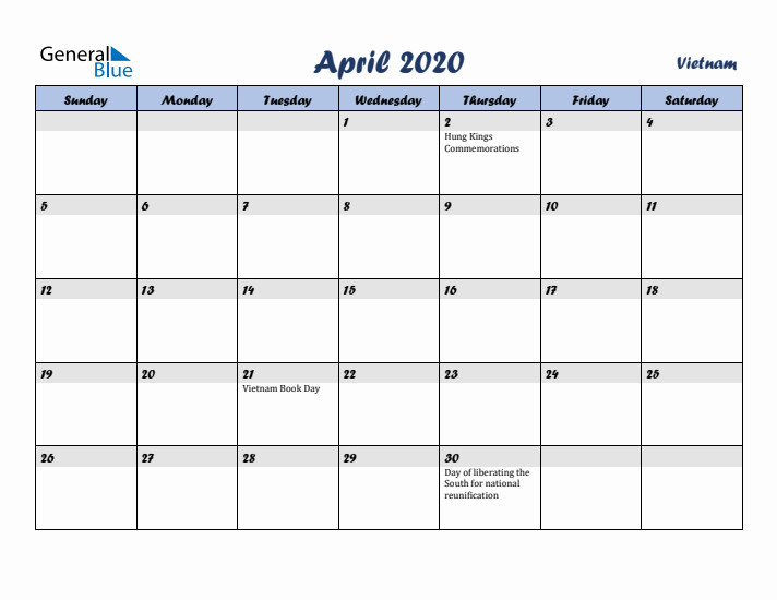 April 2020 Calendar with Holidays in Vietnam