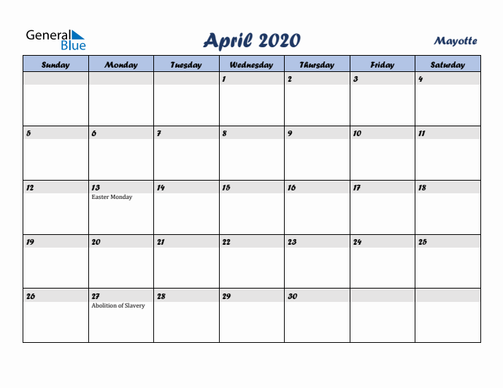 April 2020 Calendar with Holidays in Mayotte