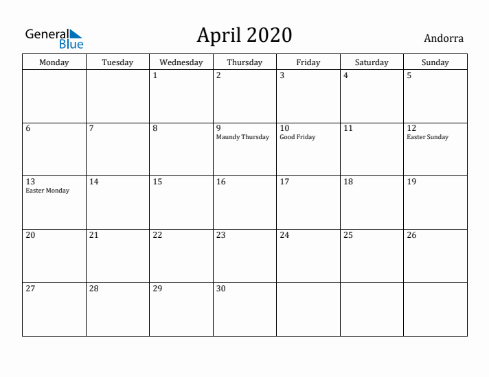 April 2020 Calendar Andorra
