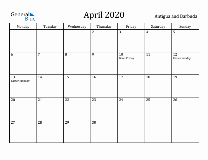 April 2020 Calendar Antigua and Barbuda
