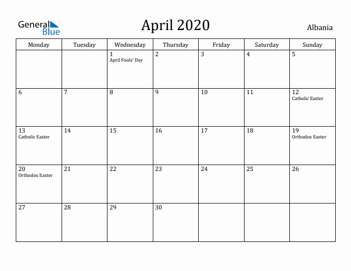 April 2020 Calendar Albania