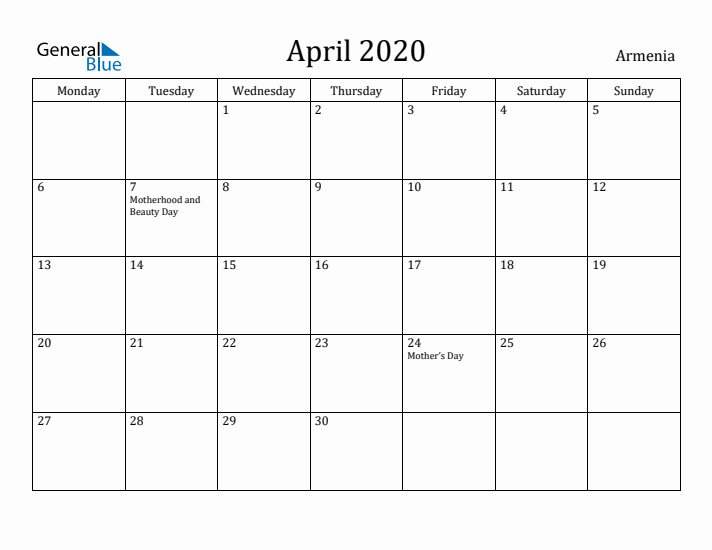 April 2020 Calendar Armenia