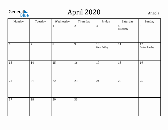 April 2020 Calendar Angola