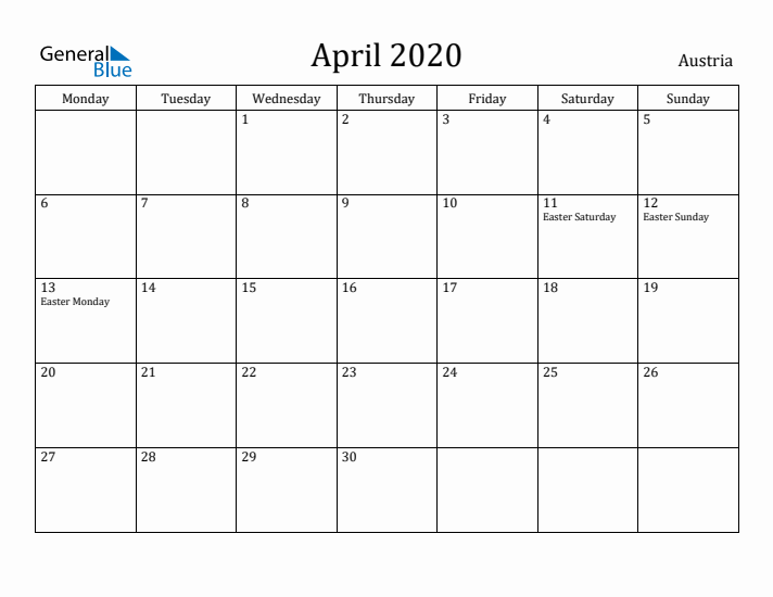 April 2020 Calendar Austria
