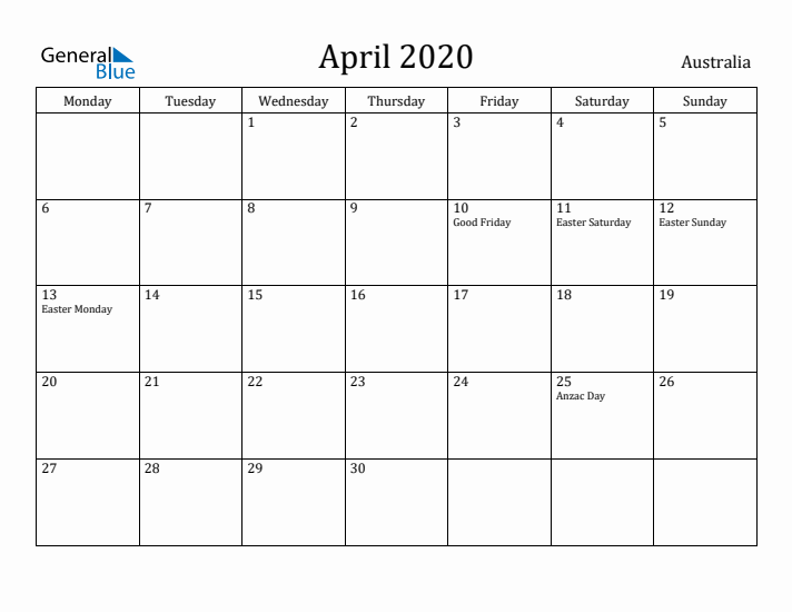 April 2020 Calendar Australia