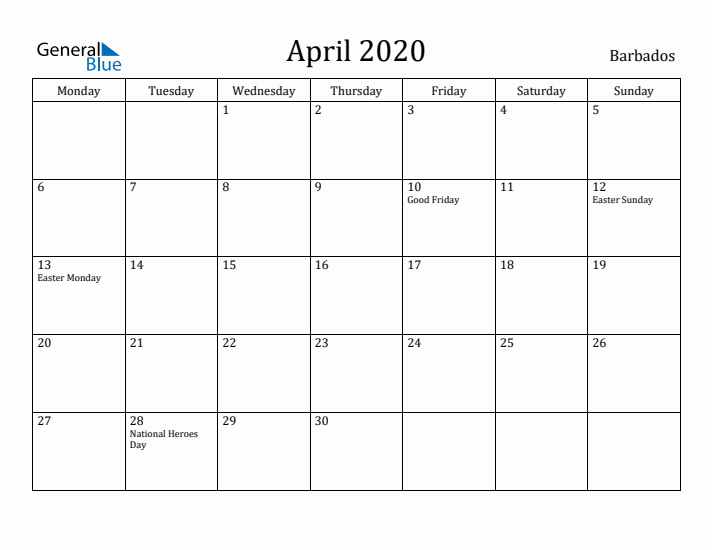 April 2020 Calendar Barbados