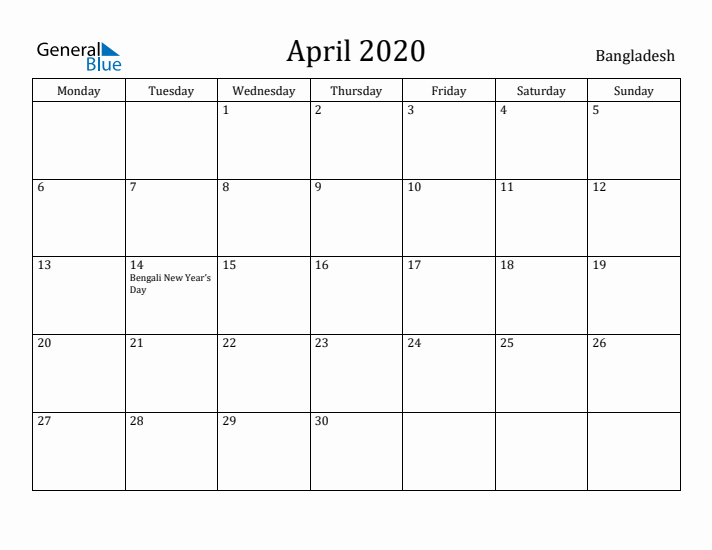 April 2020 Calendar Bangladesh