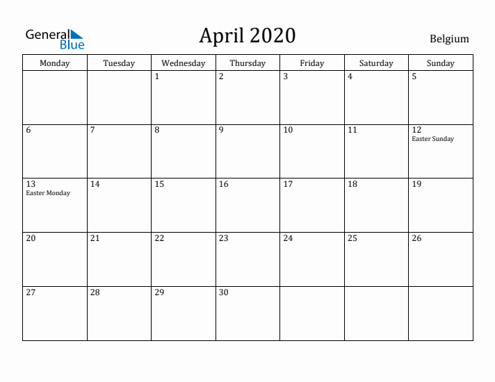 April 2020 Calendar Belgium