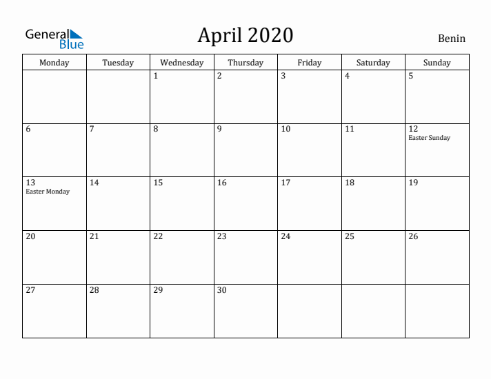 April 2020 Calendar Benin