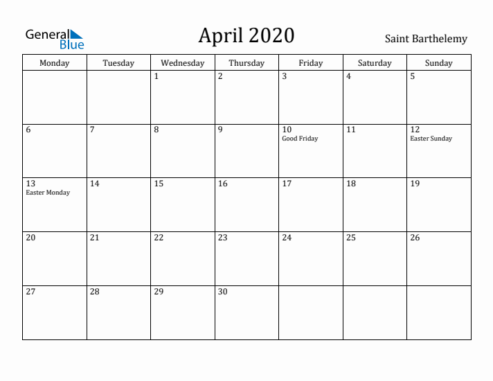 April 2020 Calendar Saint Barthelemy