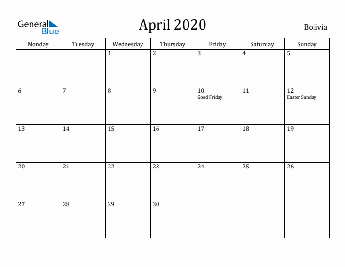April 2020 Calendar Bolivia