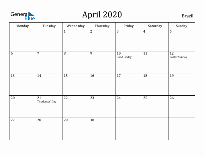 April 2020 Calendar Brazil