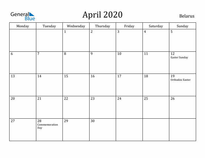 April 2020 Calendar Belarus