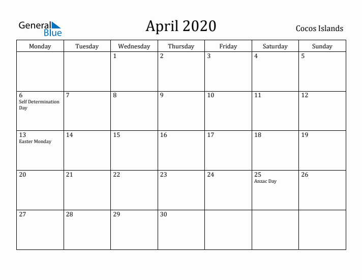 April 2020 Calendar Cocos Islands