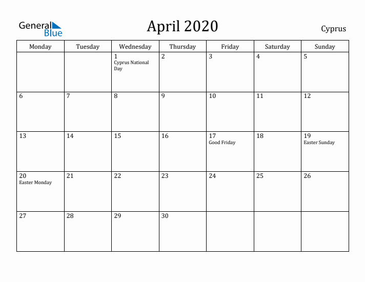 April 2020 Calendar Cyprus