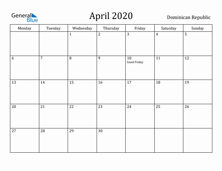 April 2020 Calendar Dominican Republic