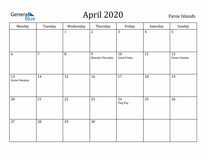 April 2020 Calendar Faroe Islands