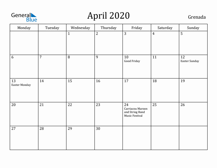 April 2020 Calendar Grenada