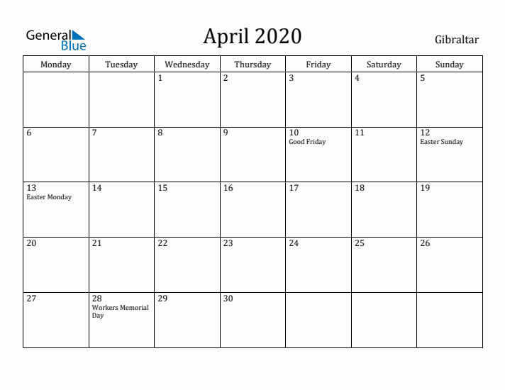 April 2020 Calendar Gibraltar