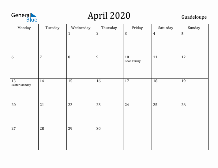 April 2020 Calendar Guadeloupe