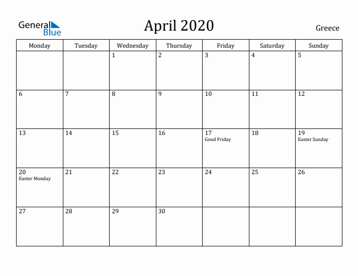 April 2020 Calendar Greece