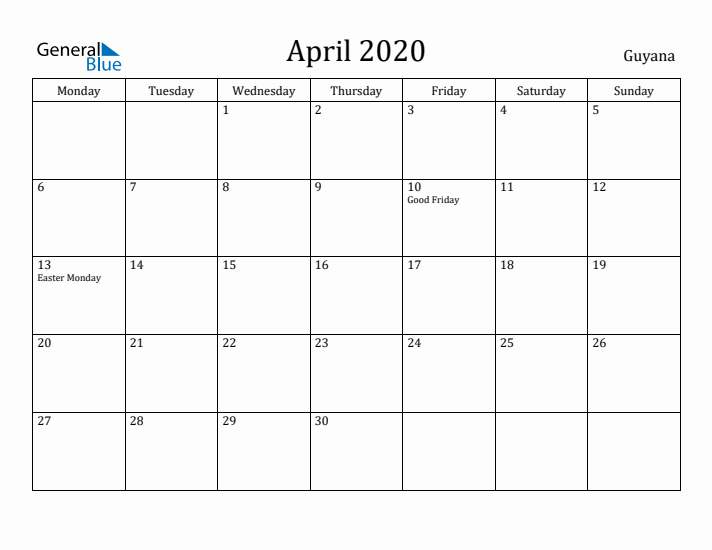 April 2020 Calendar Guyana