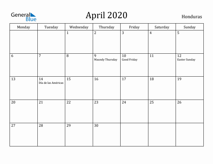 April 2020 Calendar Honduras