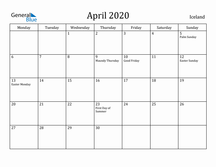 April 2020 Calendar Iceland